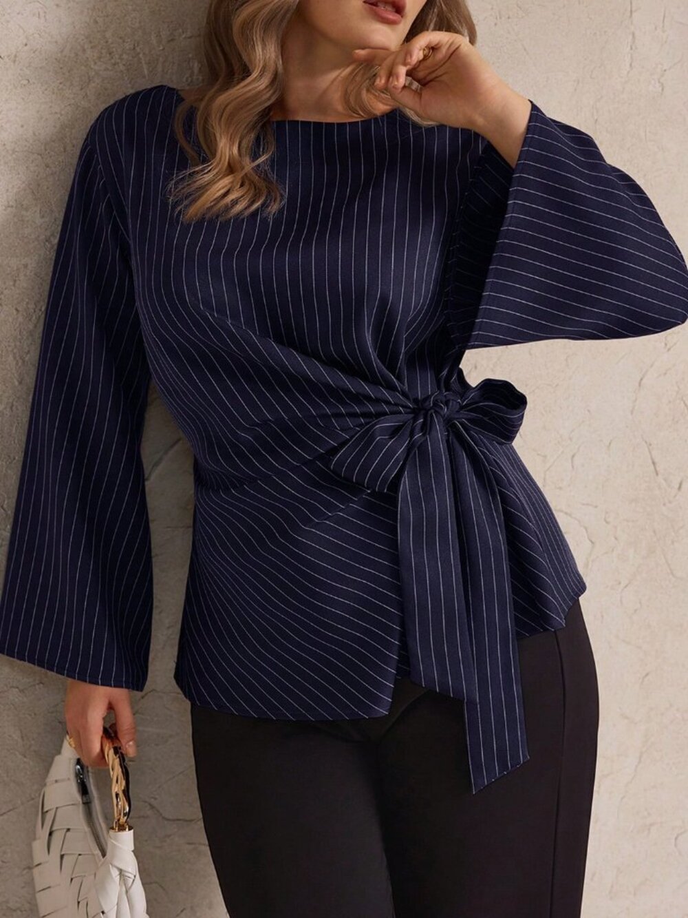 Navy Blue Elegant Women's Plus Size Striped Tie-Up Flare Sleeve Casual Shirt